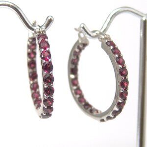 Sterling Silver Rhodolite Garnet Hoop Earrings 1 Inch Rhodium Anti Tarnish
